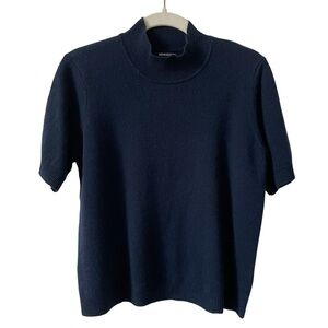 Minnie Rose Cashmere Short Sleeve Mock Neck Top Navy Size Large Neutral Luxury